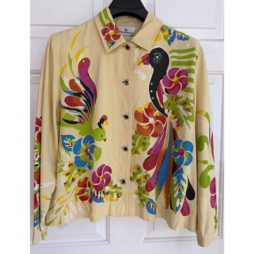 Vintage Erin London Silk  Multicolor Floral Bird Button-Print Jacket Women’s L